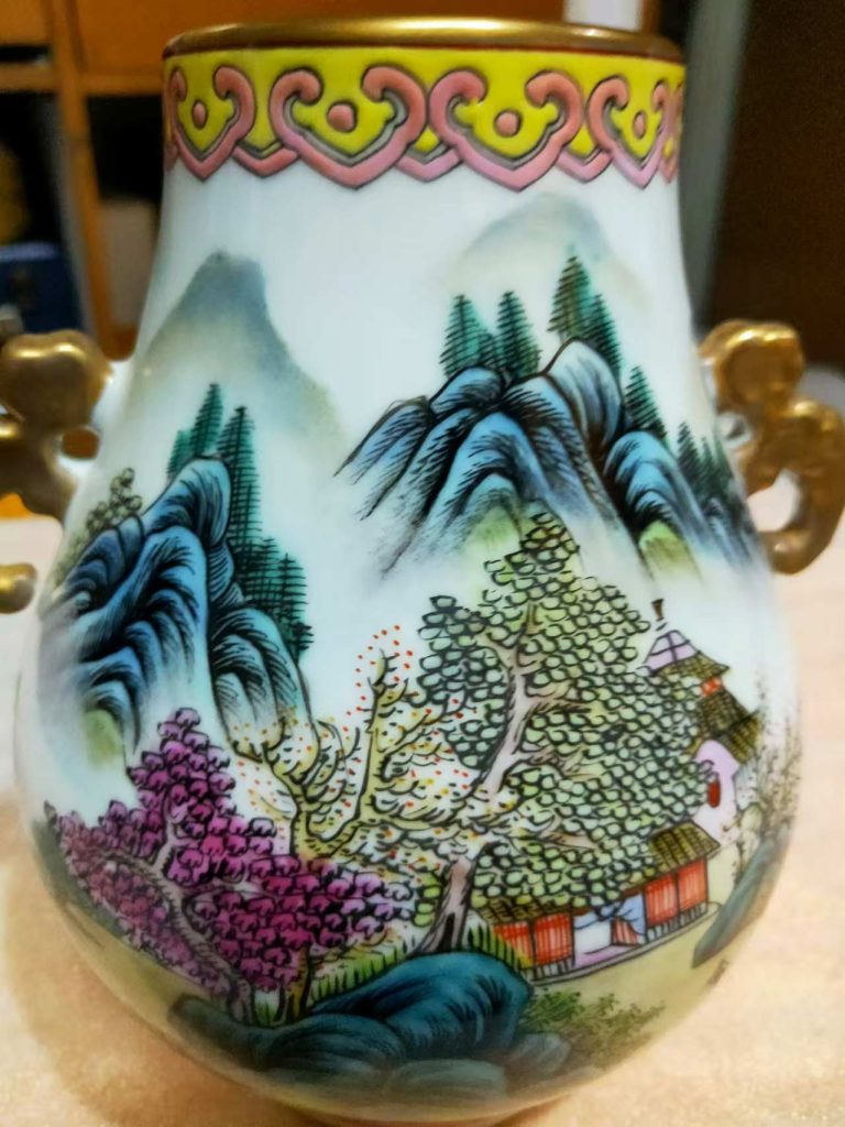 图片[1]-Jingdezhen Ceramic pastel landscape painting blessing tube vase-国际艺术品交易网