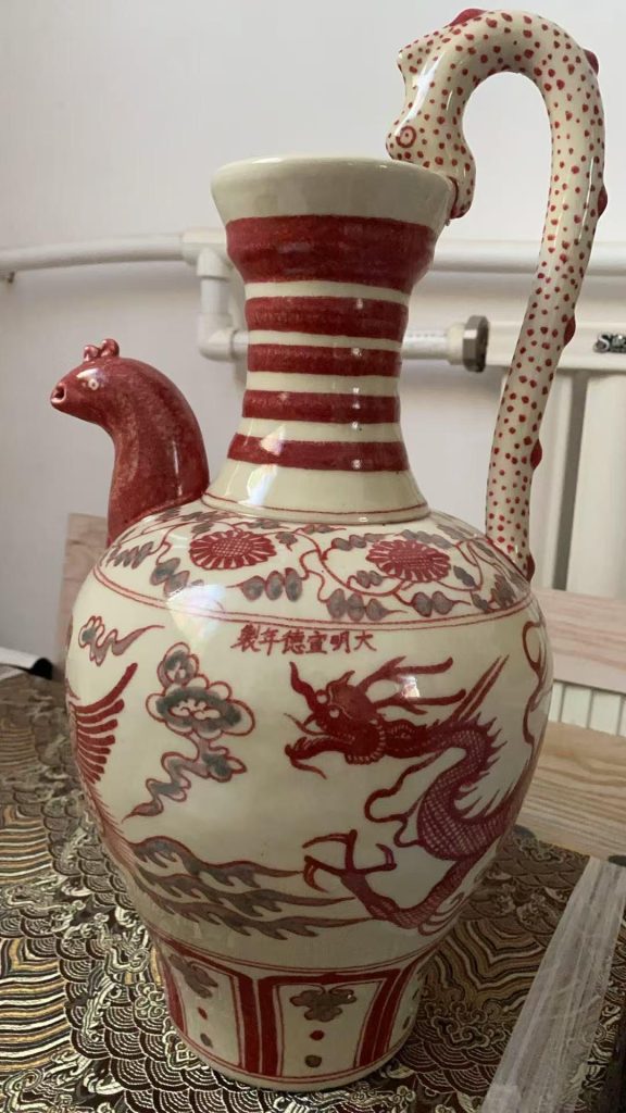 图片[1]-Ming Xuande glazed red dragon and phoenix chicken head pot-国际艺术品交易网