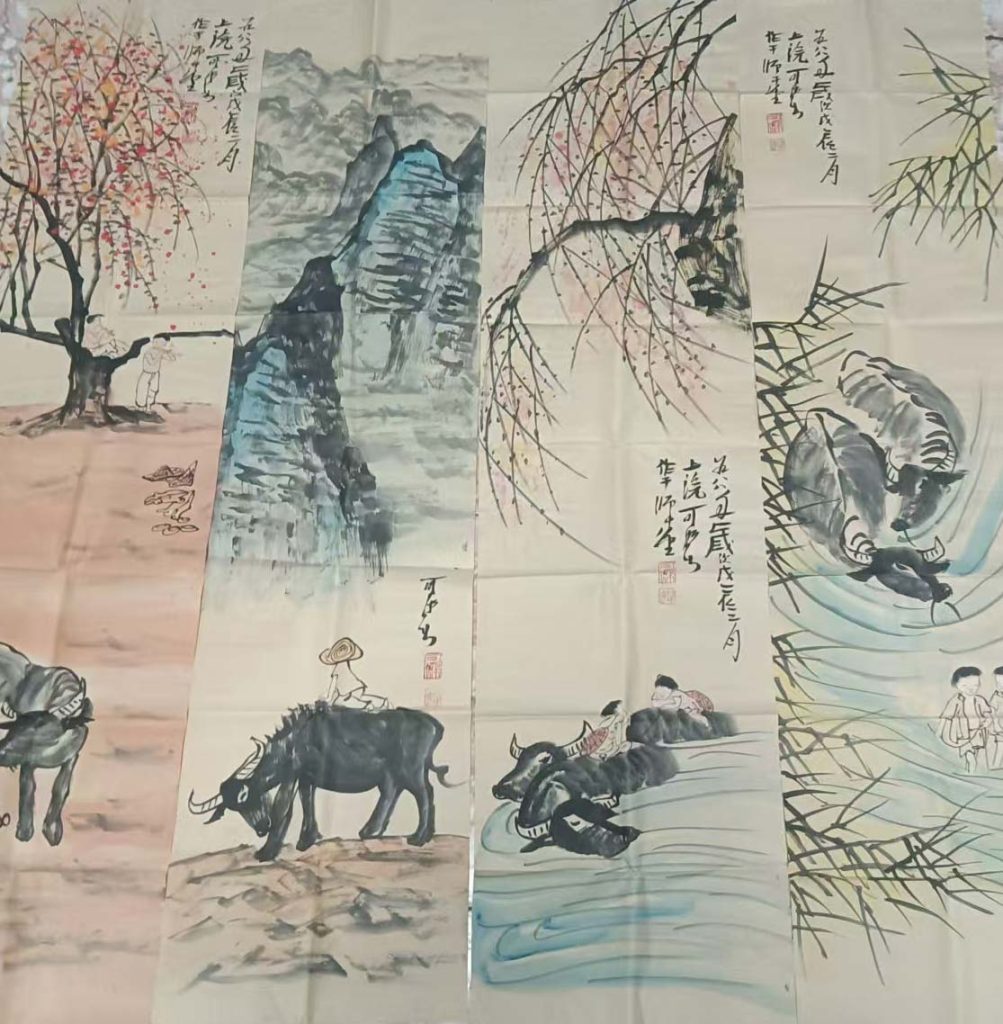 图片[1]-Four screens of Li Keran's shepherd boy riding cattle-国际艺术品交易网