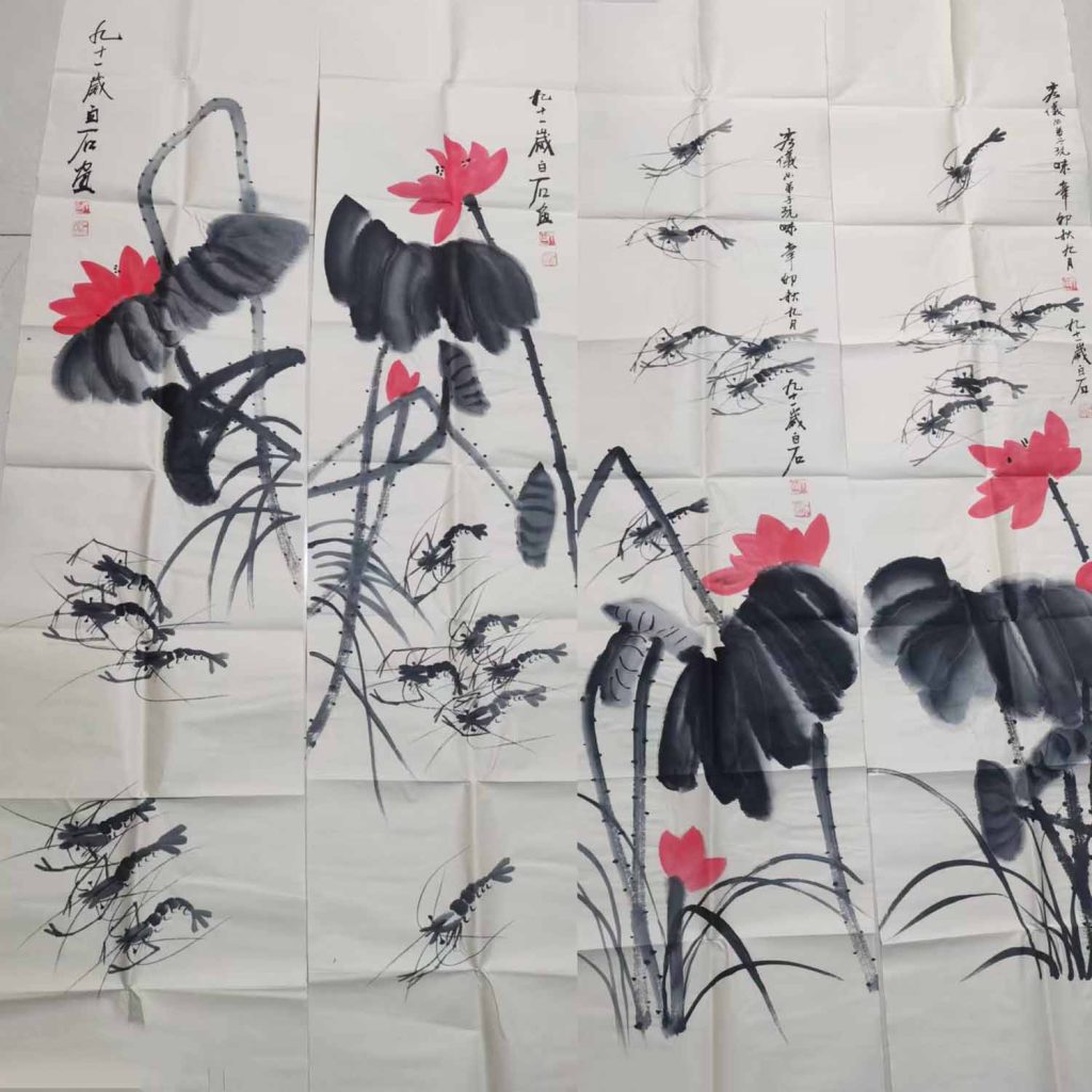 图片[1]-Four screens of Qi Baishi shrimp-国际艺术品交易网