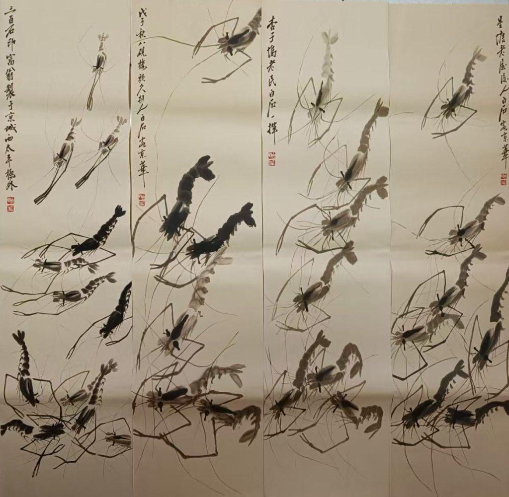 图片[1]-Four screens of Qi Baishi shrimp-国际艺术品交易网