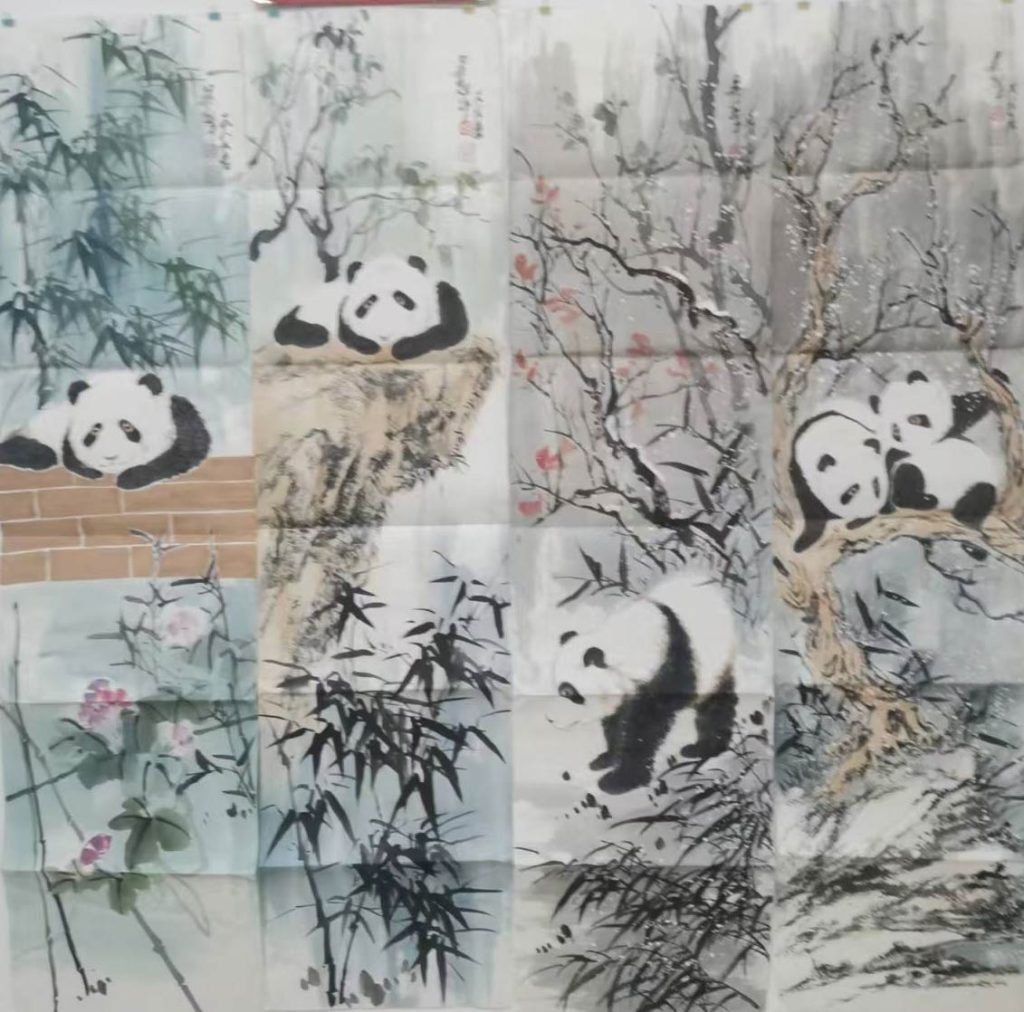 图片[1]-Four screens of pandas in Wu Guanzhong-国际艺术品交易网