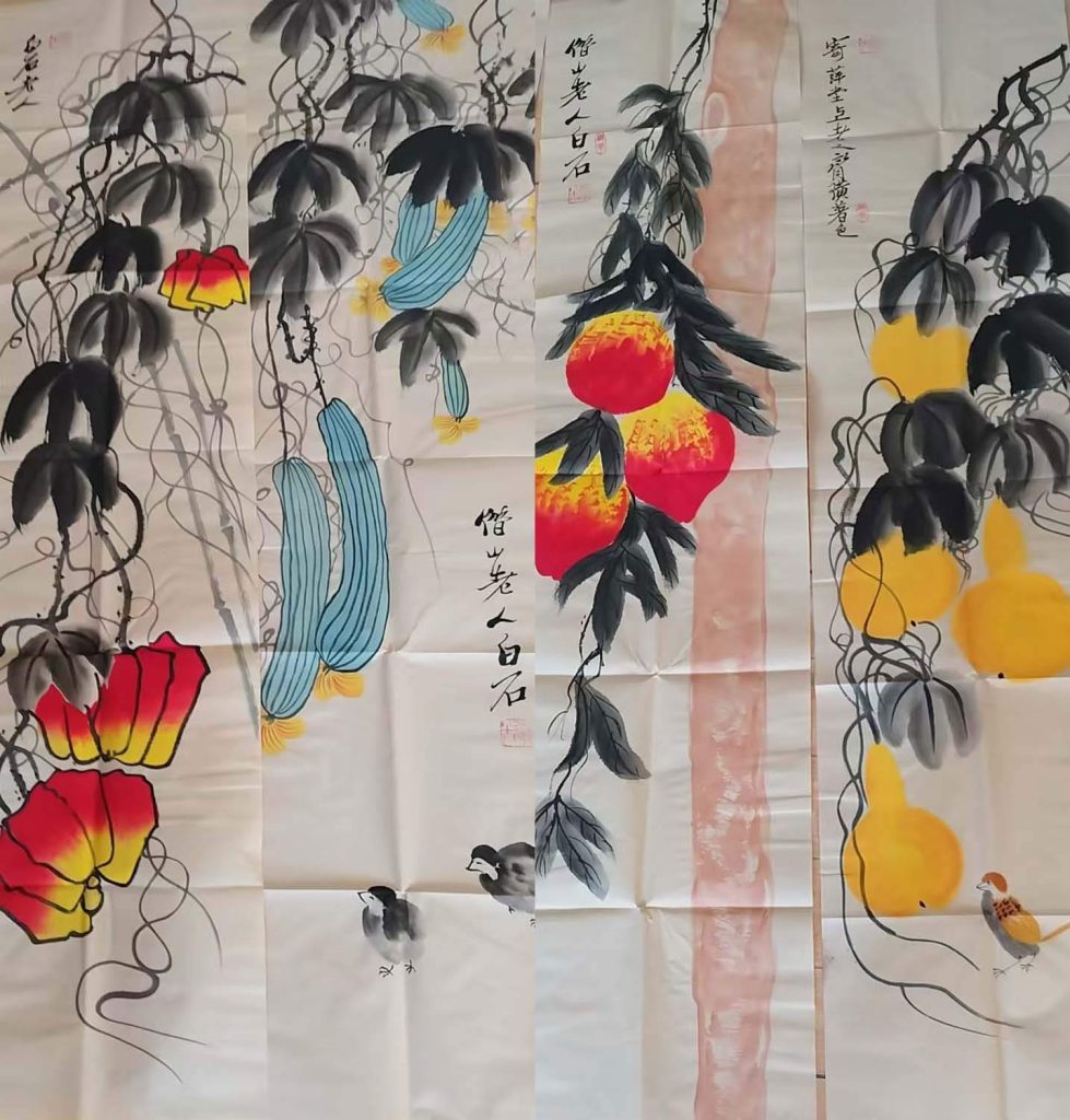 图片[1]-Four screens of white stone flowers and birds-国际艺术品交易网