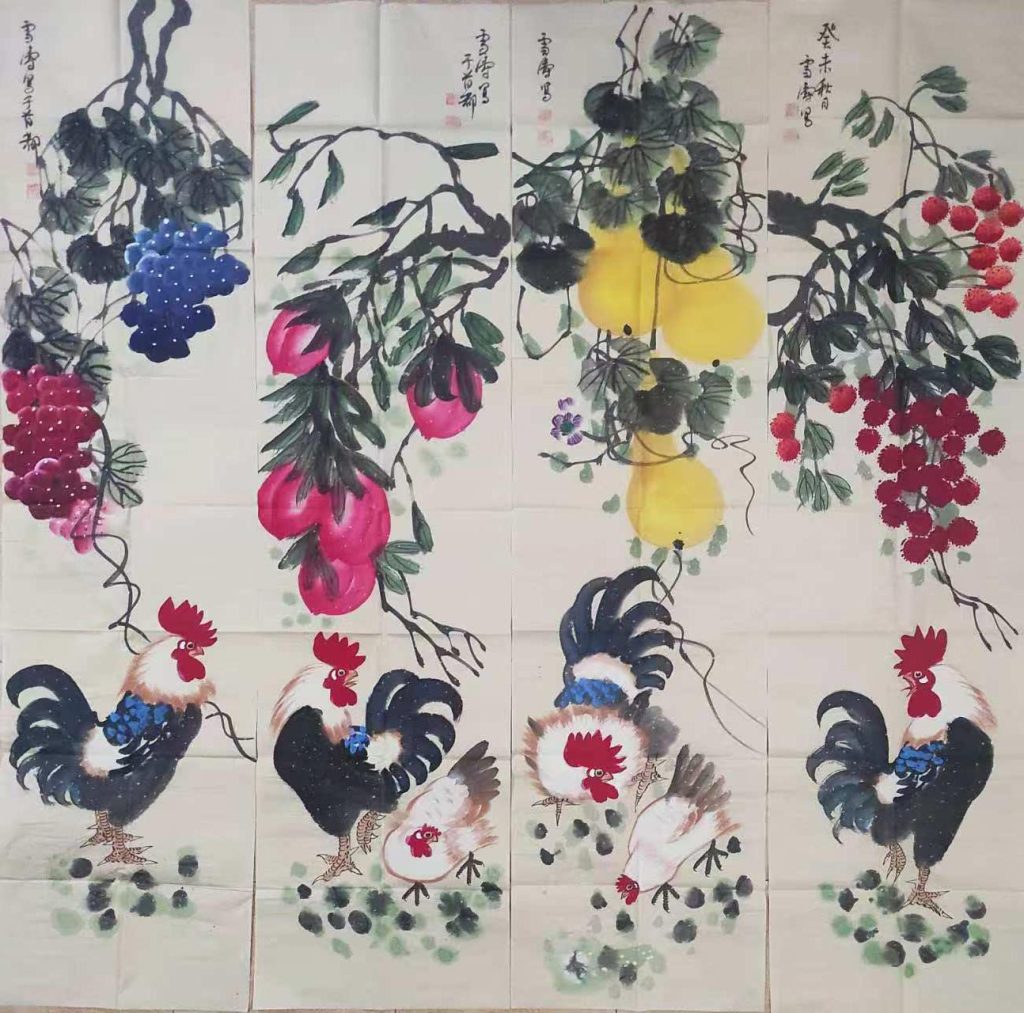 图片[1]-Wang Xuetao's four screens of flowers and birds-国际艺术品交易网