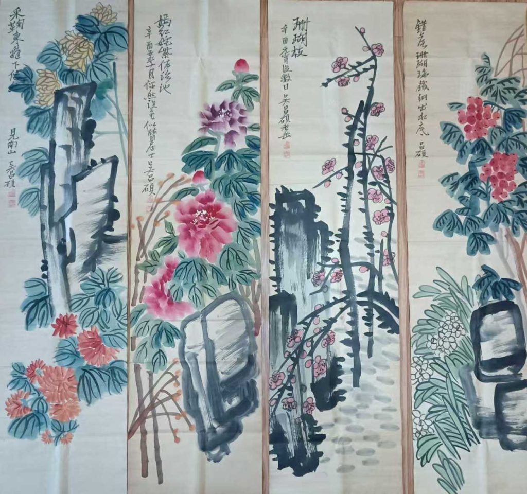 图片[1]-Wu Changsuo's four screens of flowers and birds-国际艺术品交易网